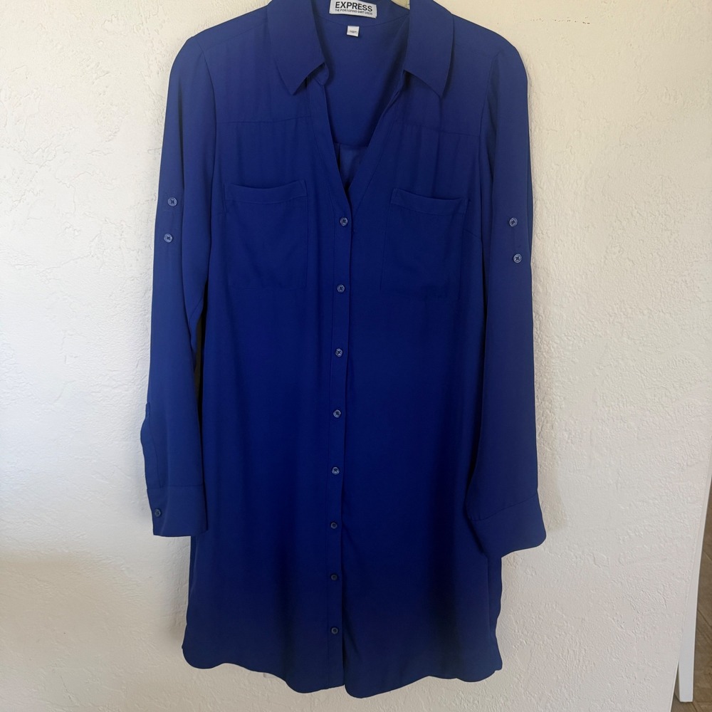 Express The Portofino Shirt Dress Royal Blue Button Front Roll Tab Sleeve Medium